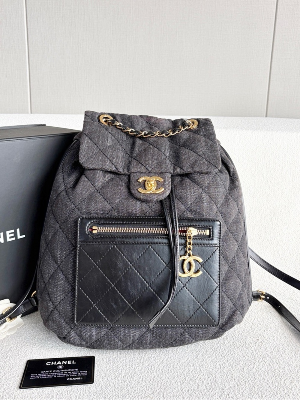 Chanel | Denim Backpack Black Leather Trim | Excellent Condition |